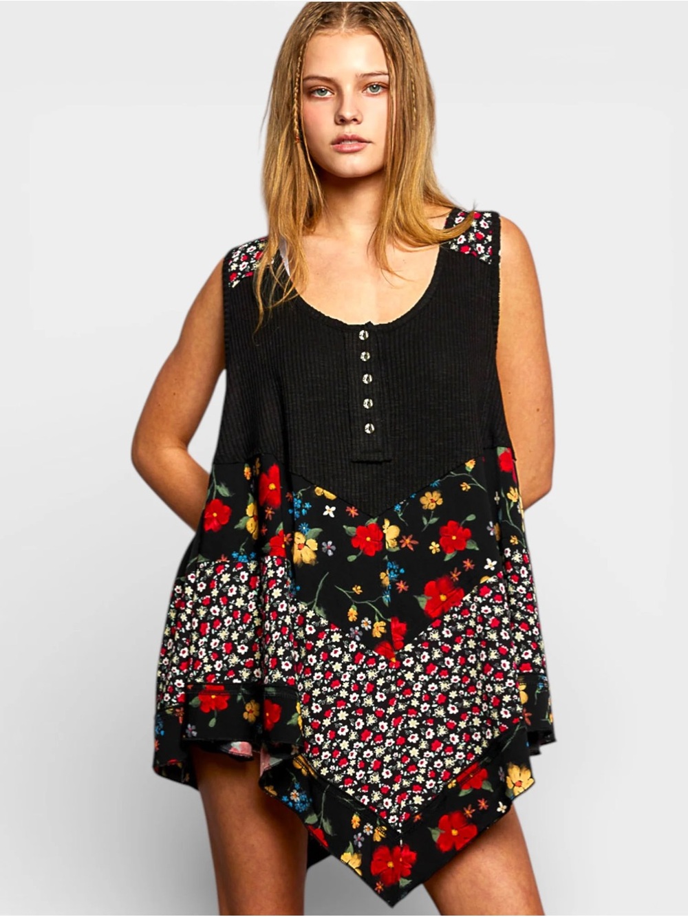 POL Black Floral Patchwork handkerchief hem Sleeveless Tunic Top